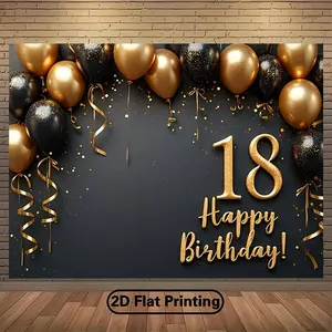 18th Birthday Theme 2D Flat Banner, Gold Balloon Polyester Background, Multiple Sizes Available, Party Photo Backdrop Decor