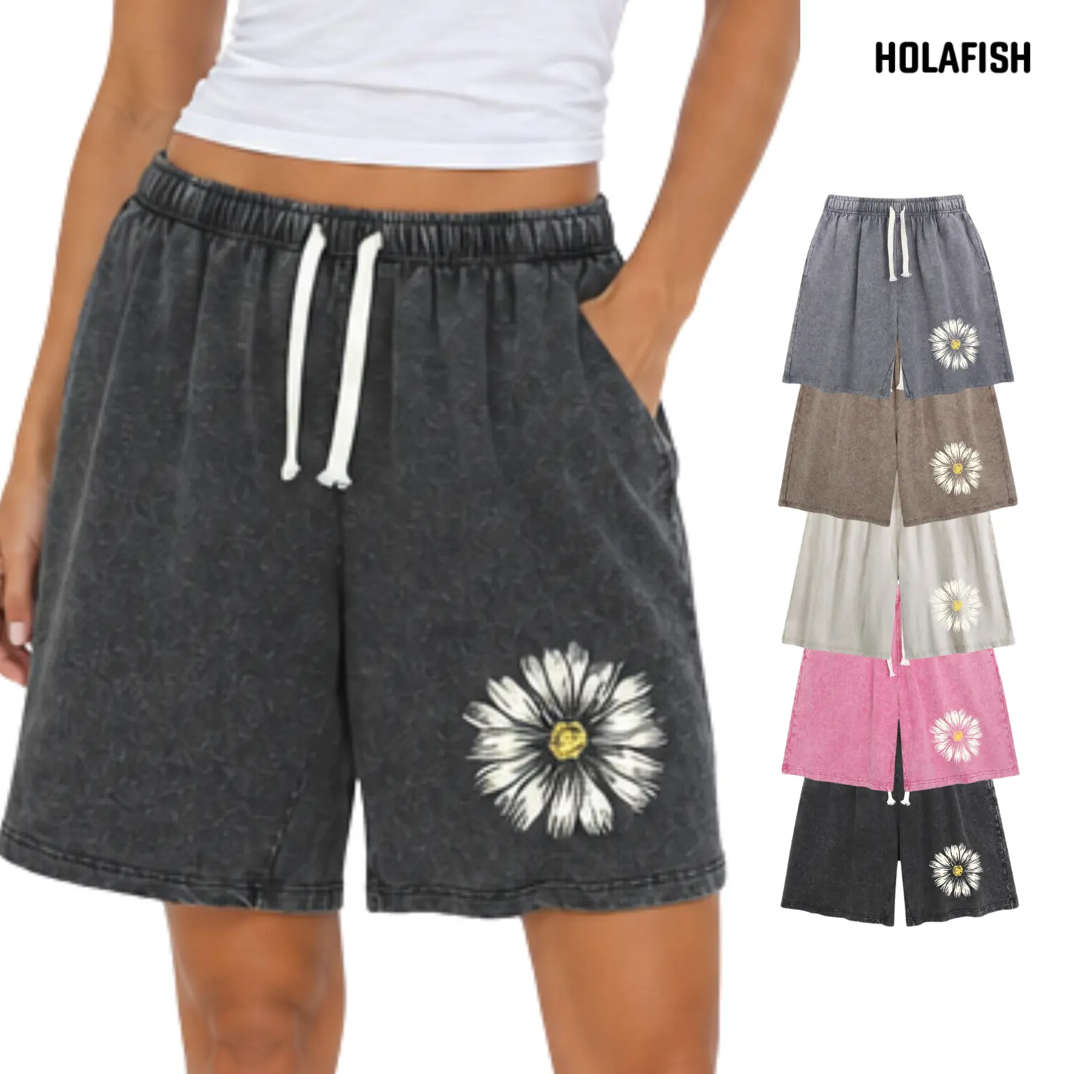 Holafish Unisex Oversized Acid Wash Casual Shorts, Relaxed Fit Elastic Waist Drawstring Shorts with Pockets,back to school shopping,clothes for back to school,first day of school outfits