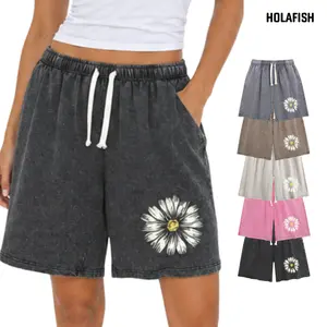 [Limited stock]Holafish Summer Vintage Printed Acid Wash Sweat Shorts, Unisex Casual Streetwear Bottoms with Drawstring and Convenient Pockets baggy comfy