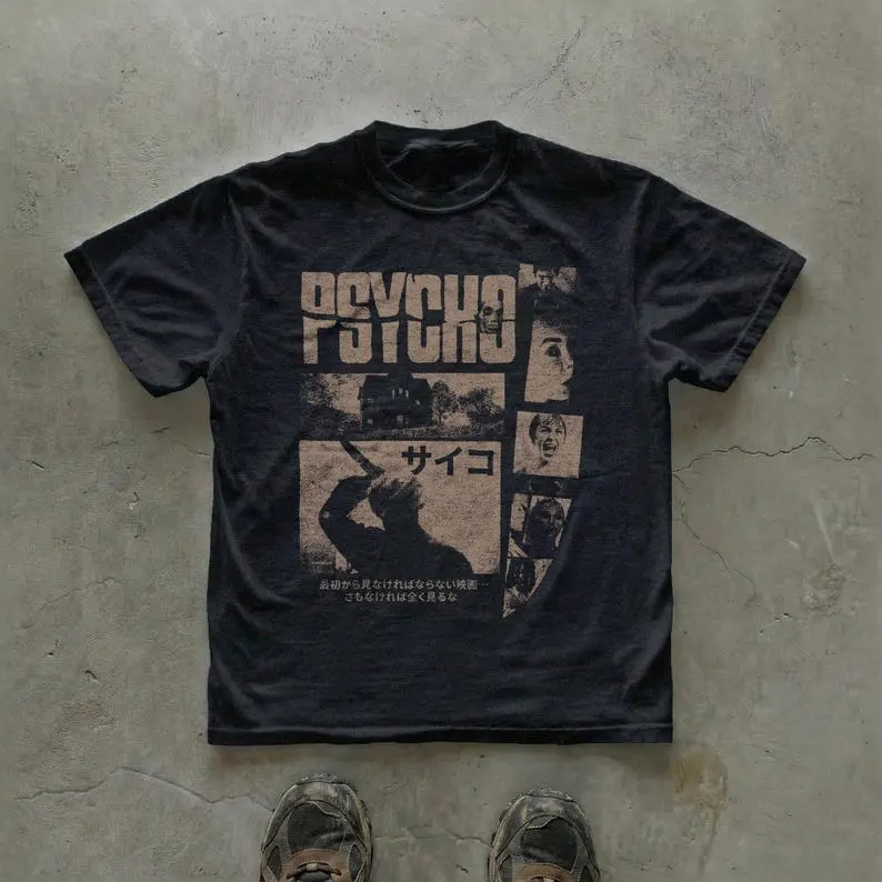 Psycho graphic t-shirt Unisex horror movie tee with Japanese typography Vintage streetwear aesthetic Retro film, movie lover gift