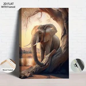 1Pcs Framed 2D Flat African Savanna Elephant Canvas Wall Art Modern Minimalist Home Decor Animal Theme Painting for Living Room Bedroom Dining RoomFramed Artwork Ready to Hang Home decor Wall art