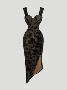 💃 Romantic Floral Midi Dress With Sweetheart Neckline And High Slit, Perfect Wedding Guest Style.