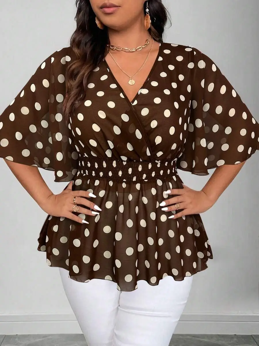 Plus Size Brown Polka Dot Blouse Women's Summer Elegant Chiffon V-Neck Flare Sleeve Elastic Waist Ruffle Hem Top,Formal Work Chocolate Brown Shirt