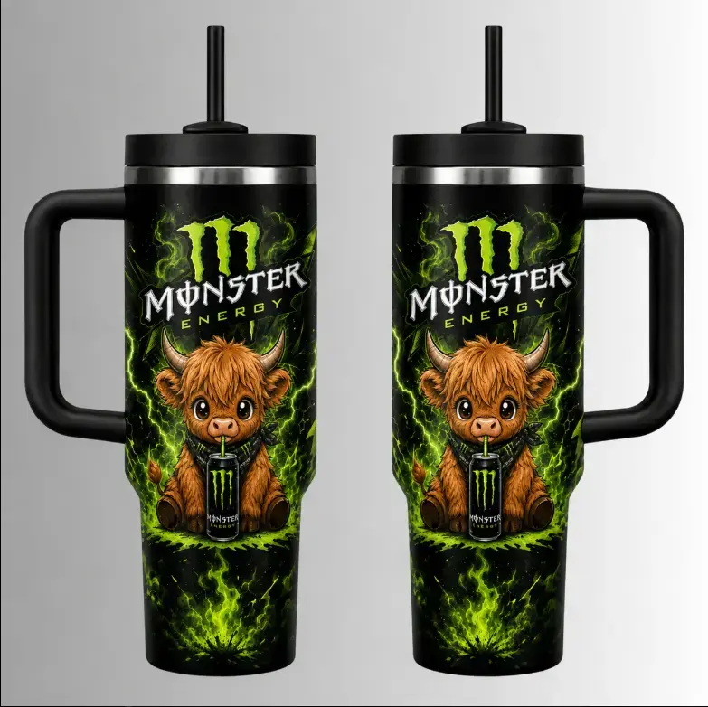 M.Energy x Cute Highland Caw 20oz-40oz Tumbler with Handle, Double Wall Insulated, With Handle & Straw, Eco-Friendly, Insulated Tumblers Travel Coffee Mug, Gift for your Health