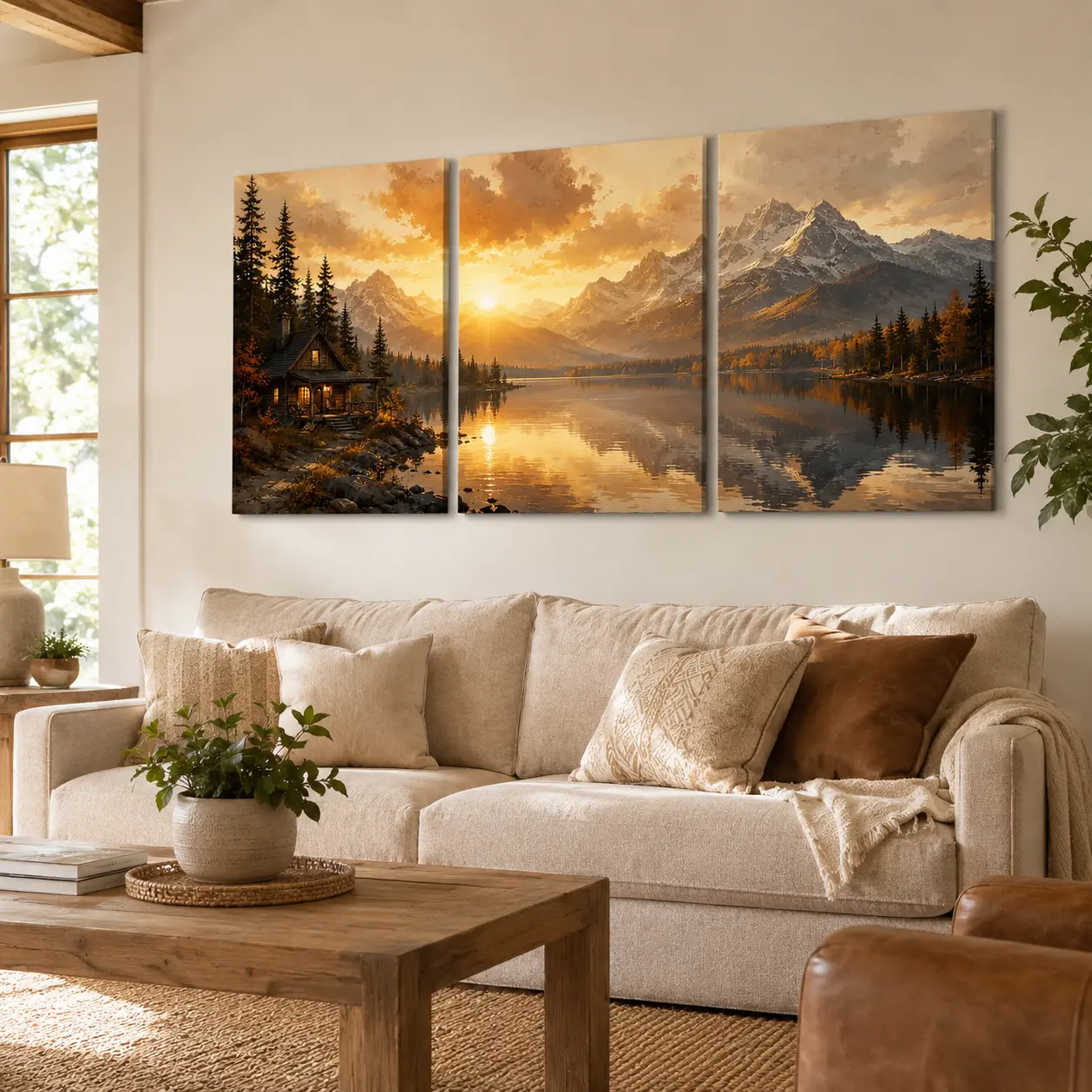 3-Panel Framed Rustic Mountain Lake Golden Sunset Canvas Wall Art Set, Pine Wood Cabin Prints, Artwork for Walls, Home Decor Items for Living Room Indoors, Keep Dry Hanging Home Decor