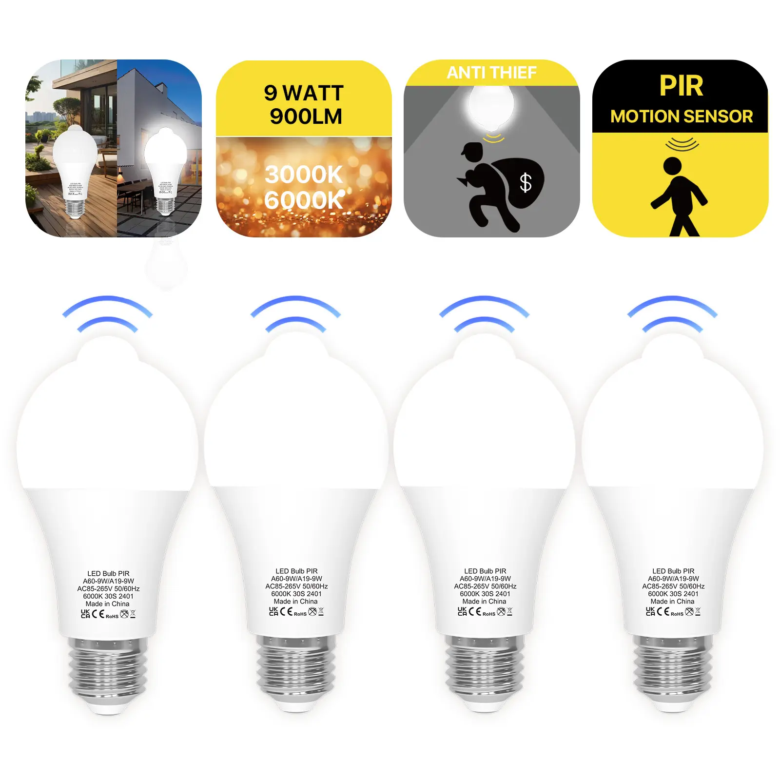 Motion Sensor Light Bulbs Indoor Outdoor 60 watt Equivalent,A19 E26 9W Motion Activated LED Bulb,Motion Sensor Light for Garage Closet Bathroom