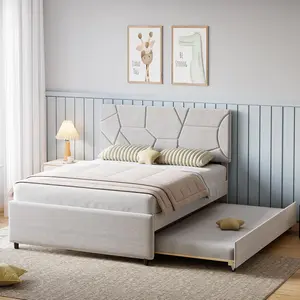 【GARVEE】Trundle Bed Twin, Full Size Upholstered Platform Bed Frame, Pull Out Bed with Headboard, Wood Slat Support, for Bedroom, Living Room, Guest Room