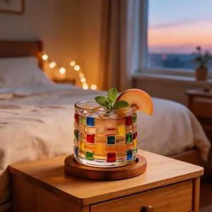 Colorful stained glass cups with wooden bases | Simple yet luxurious crystal cups with a smooth swivel design.