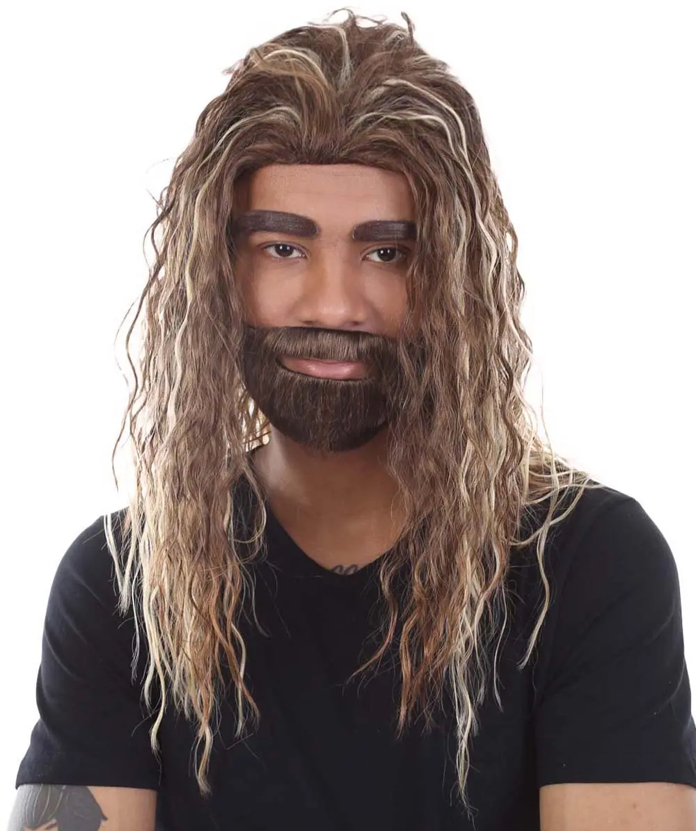 HPO  Men's TV Movie Wig with Mustache and Beard Set - Adult Synthetic Brown Premium Breathable Capless Cap