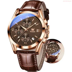 Fashion Brand OLEVS Men's Watches Brown Leather with Date,Casual Watches for Men,Large Face Watches Men,Chronograph Mens Watch,Sport Waterproof Business Dress Analog Quartz Men's Wrist Watches Reloj De Hombre