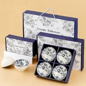 Ceramic Rice Bowls Set with Gift Box, 10 oz Rose Flowers Pattern Round Small Bowls for Rice, Soup, Cereal, Snacks, Housewarming Gift, Dishwasher & Microwave Safe, Housewarming Gift, Chinese-Style Rice Bowl