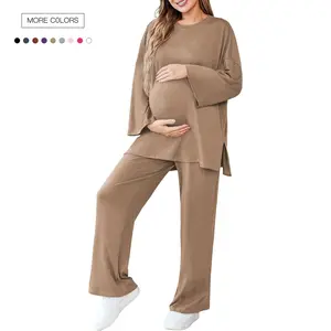 Danedvi Womens Maternity Pajamas Sets 2 Piece Outfits Long Sleeve Tops and Pregnancy Loungewear Mama Clothes with Pockets Plus Size