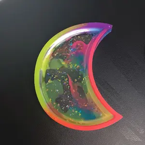 Glow in the Dark Epoxy Resin Tray - Colorful Crescent Design with Sparkling Glitter Inside