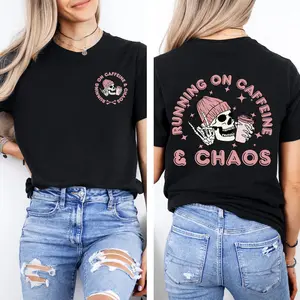 100% Cotton Running on Caffeine and Chaos T-Shirt, Funny Skull Coffee Tee, Mom Life Graphic Shirt, Casual Coffee Lover Top, Humor Quote Unisex Tee for Daily Wear