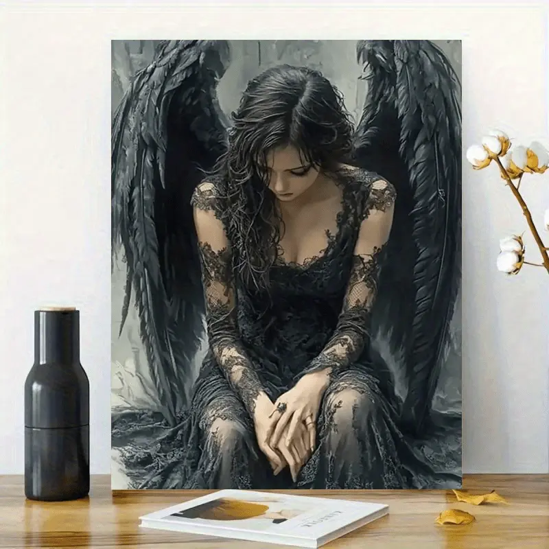 1pc Wooden Framed Canvas Artwork - Dark-Haired Angel in Black Lace with Large Wings, 11.8x15.7 Inch Gothic Wall Decor, Wrap-Around Canvas Frame for Home & Office, Angel Decor, Office Artwork, Mysterious Decor, Detailed Lace Design