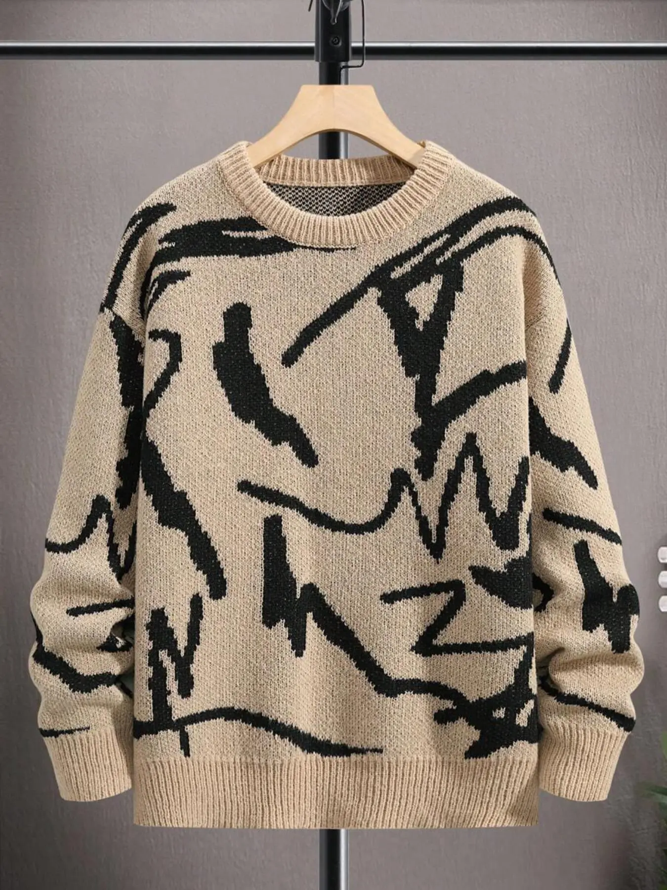 Men's All Over Print Drop Shoulder Sweater, Casual Long Sleeve Round Neck Jumper for Fall & Winter, Fashion Men's Knitwear for Daily Wear