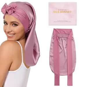 AWAYTR 100% Mulberry Silk Bonnet Long Hair Bonnets for Sleeping Women's Tie Band Nightcap Bonnets for Braids Curly Hair