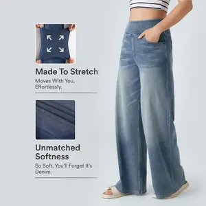 Halara Flex High Waisted Pockets Baggy Wide Leg Washed Casual Jeans