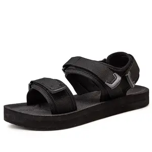 Men's Flat Sandals, Open Toe, Adjustable Straps, Non-Slip Sole, Black, Big Size