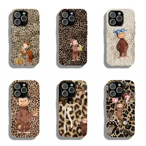 Curious George Cartoon Monkey Phone Case with Leopard Print Background - Shockproof TPU Lining & Polycarbonate Tough Protection Casing for iPhone 17 Pro Max,16,15,14,13,12,11 - Designer Cellphone Accessories Gift for Fans