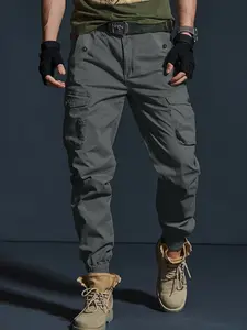 5 Pack Solid Multi Flap Button Cargo Pocket Jogger Pants Unisex Mid Waist Belt Loops Wrinkle Resistant Twill Fabric Loose Tapered Outdoor Tactical Street Casual Trousers