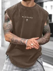 Men's Sleeveless Round Neck Cotton T-Shirt, Casual Loose Fit Graphic Print Vest, Summer Vacation Friends' Gathering Daily Wear