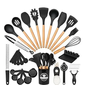 39 PCS Silicone Kitchen Utensil Set with Wooden Handles, Heat Resistant 446°F Cooking Tools & Spatula Set, Food Grade Nonstick Cookware Kitchen Gadgets Set