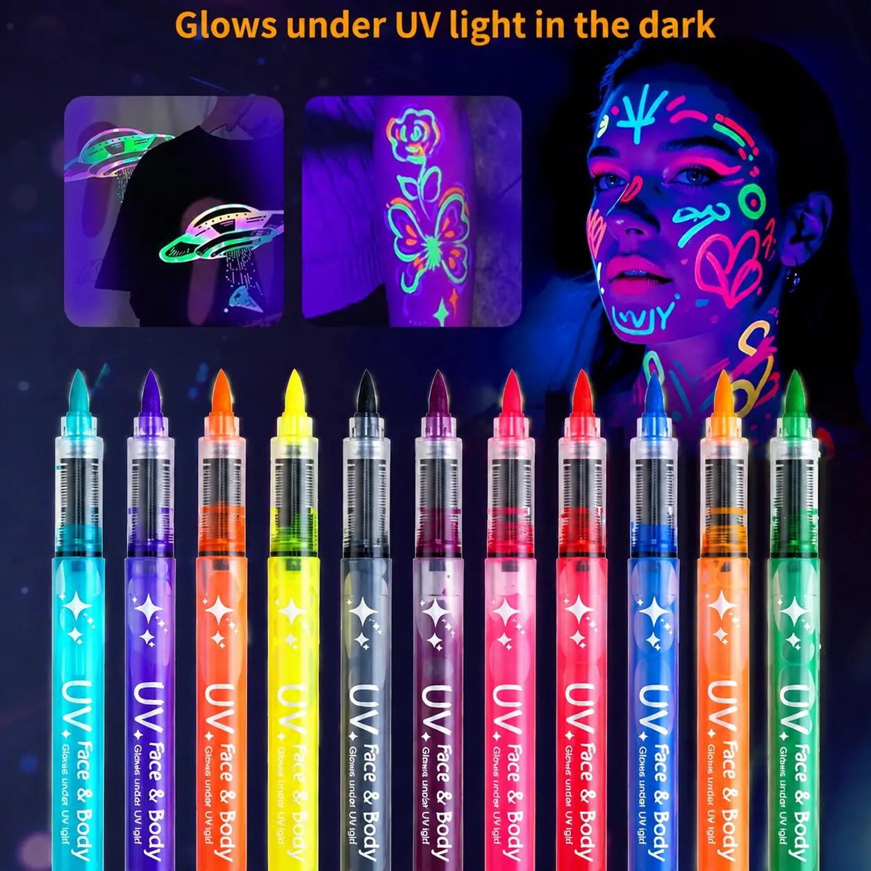 Glow-in-the-Dark Face & Body Paint Markers, 12 Colors UV Neon Black Light Markers, Washable Temporary Tattoo Pen for Halloween, Parties, Birthday, Costume Makeup & Easter Basket Stuffers, Versatile Usage