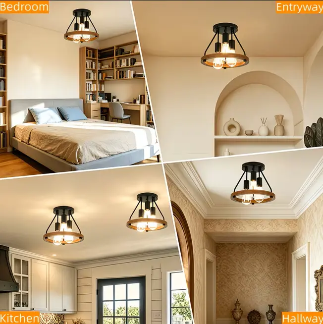 Rustic 3-Light Semi-Recessed Ceiling Fixture - Natural Wood & Black Metal Hardwired 120V E26, Warm Glow Recessed Lighting, Indoor Use in Bedrooms, Hallways, W/ Installation Hardware (Dimmable Bulbs Not Included)