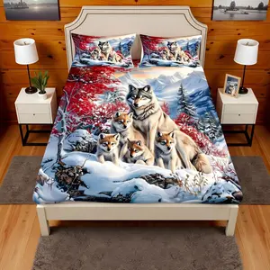 Wolf Family Fitted Sheet,Animal Wolves Printed Bedding Set,Winter Natural Wildlife Bed Sheet (No Flat Sheet),Watercolor Natural Landscape Deep Pocket Sheet
