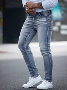2026 New Washed Denim Jeans for Muscle Men, Slim Fit Elastic Skinny Casual Long Pants, Sporty Streetwear Style for Everyday Wear Pocket