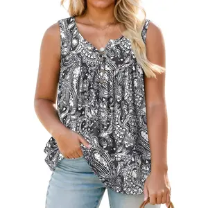 DOLNINE Plus Size Tank Tops for Women Flattering V Neck Neck Sleeveless Henley Shirts Button Front Pleated Flowy Tunic Loose Fit Casual Blouse Tank RPS2071