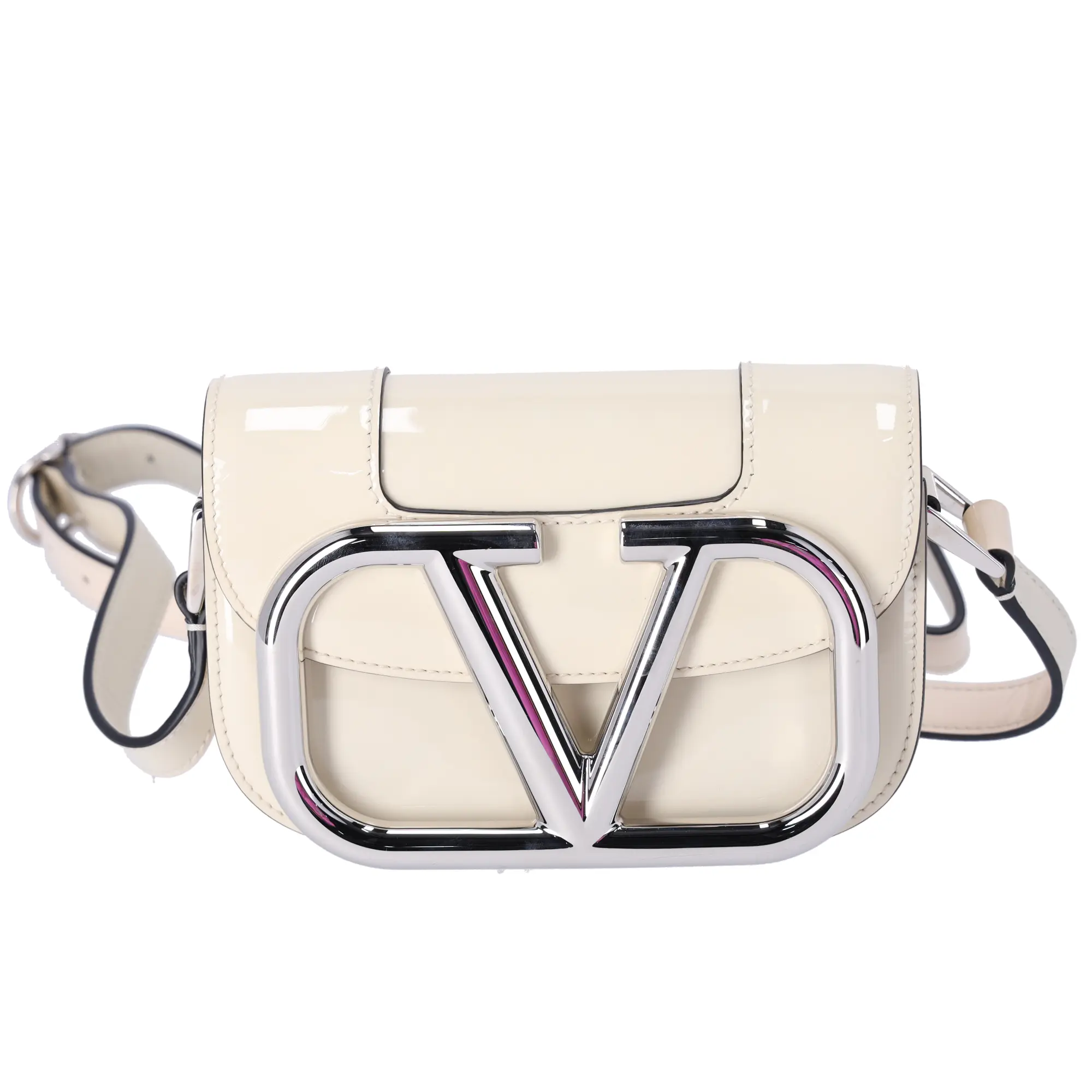 Pre-owned Valentino Leather Crossbody Bags V logo Crossbody Beige Solid Classic Patent Leather