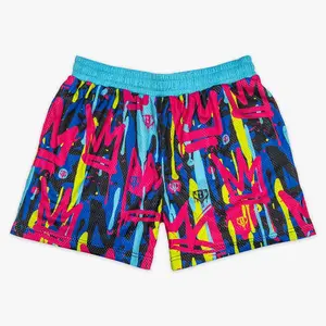 Baseball Lifestyle 101 "Graffiti Crown" Youth Mesh Shorts – 5" Inseam Kids' Summer Streetwear, Breathable Multi-Color Paint Drip Graphic Shorts for Gym, Beach & Sports