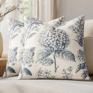 Set of 2 Decorative Floral Neutral Pillow Covers 20x20 Inch Light Blue Hydrangea Print Spring Boho Vintage Throw Cushion Covers for Sofa Couch Porch Bedroom Living Room Summer Home Decor