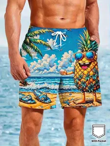 Printed Design – Not Textured Men's Pineapple Print Swim Trunks - % Polyester Quick-Dry Beach Shorts with Drawstring Waist & Pockets, Non-Transparent Tropical Design for Summer Pool Parties, Beach Trips & Casual Wear, Bathing Suits, Vacation Outfit