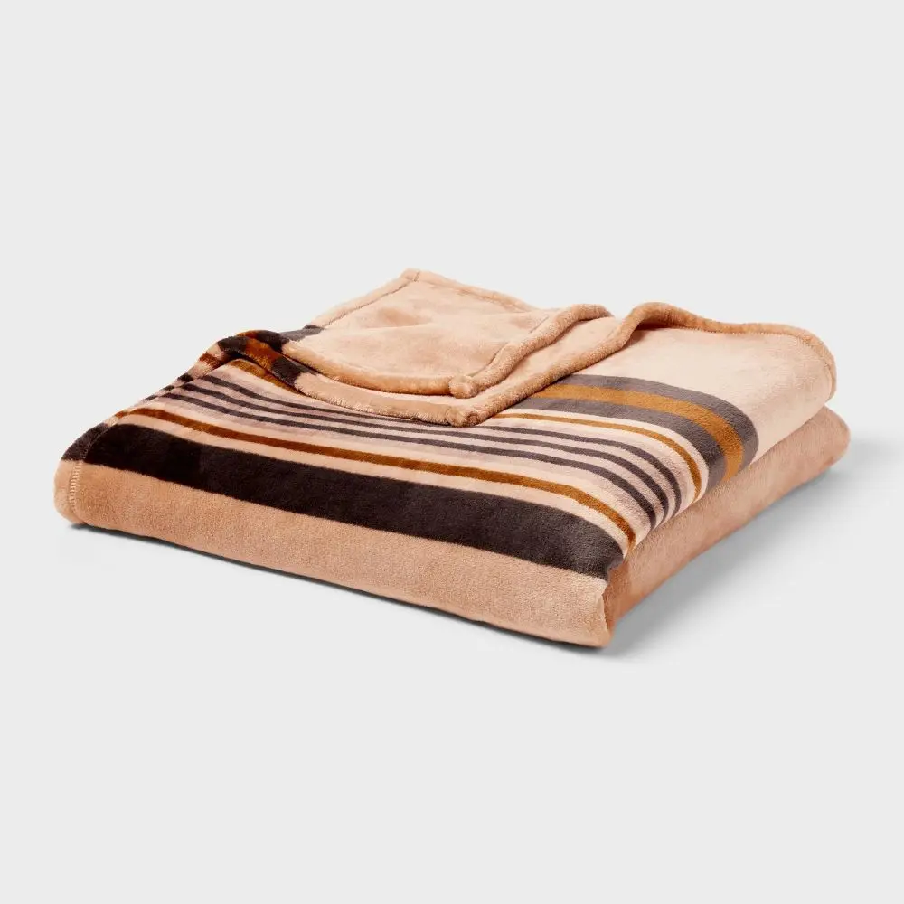 Full/Queen Microplush Blanket Khaki Border Stripe - Threshold