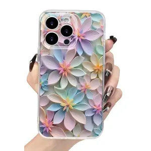 Dreamy Macaron Floral Tpu Transparent Anti-Drop Phone Case, Compatible with iPhone 11-17 Pro Max, Shockproof, Non-Slip, Casual Fashion Protection