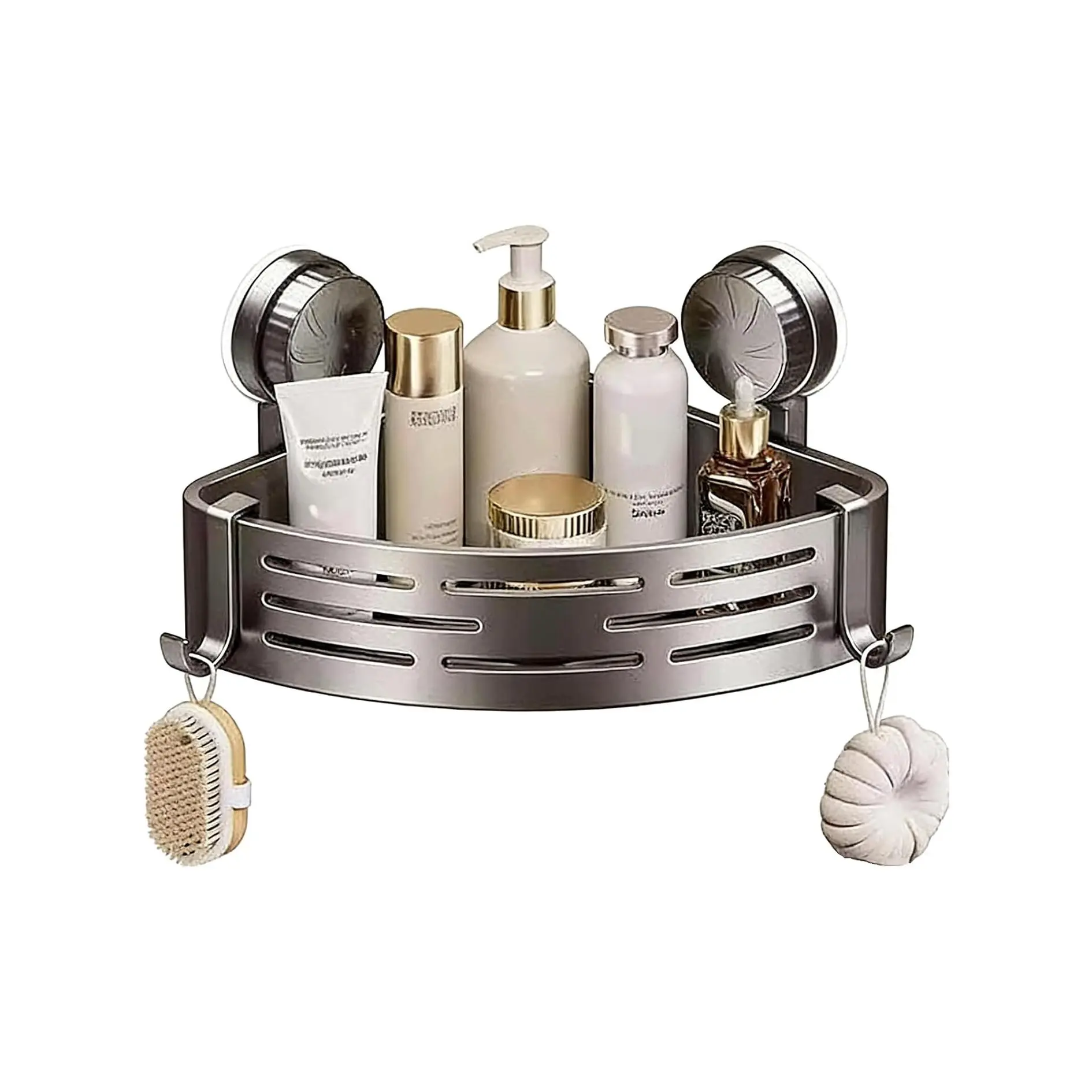 Gray 1-Pack No Drill Corner Shower Organizer, Suction Cup Adhesive Bathroom Corner Shower Storage Shelf Rack