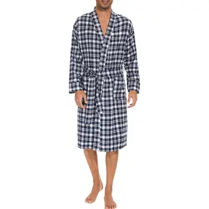 Men's Flannel Robe Knee Length Plaid Bathrobe Cotton Robe Lightweight Bathrobe Shawl Collar Kimono Sleepwear
