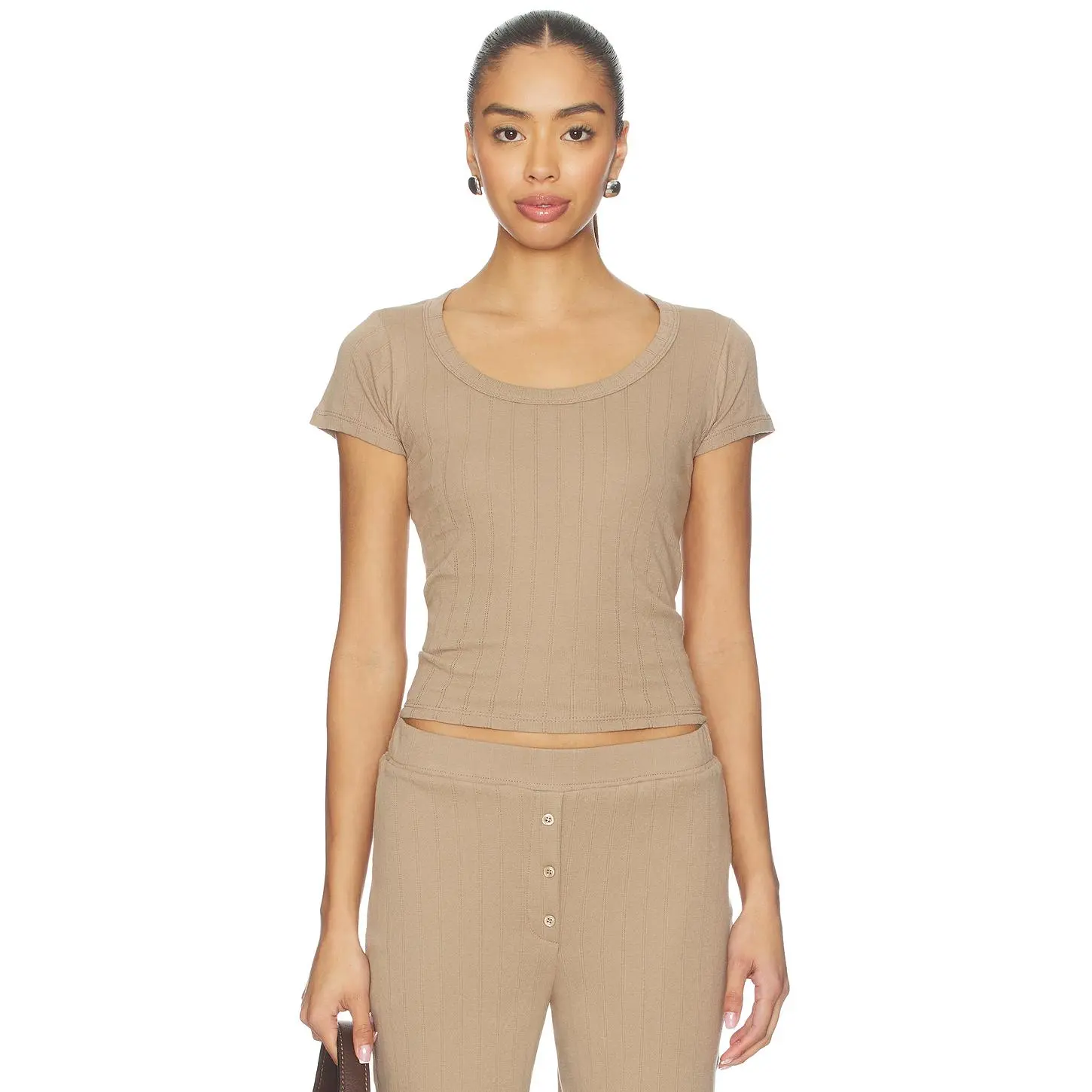 VIR VITA Pointelle Scoop Tee in Bark