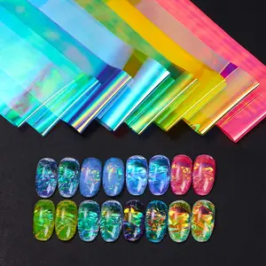 8-Color Aurora Nail Art Glass Paper, Long Laser Starry Sky Mirror Effect Nails Decorations, Colorful Mirror Finish Fragments, Glitter Decorative Nails