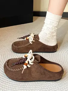 Women's Fall New Matte Leather Beaded Flat Round Toe Casual Shoes, Walking Shoes, Slip-On Half-Off Borgen Shoes, Comfortable Fashion Footwear