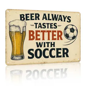 Beer Always Tastes Better With Soccer Funny Metal Sign Wall Decor, Bar Pub Wall Art, Cool Room Decor Stuff, Home House Decor, Adults Gifts for Beer Lovers, 12x8 Inch