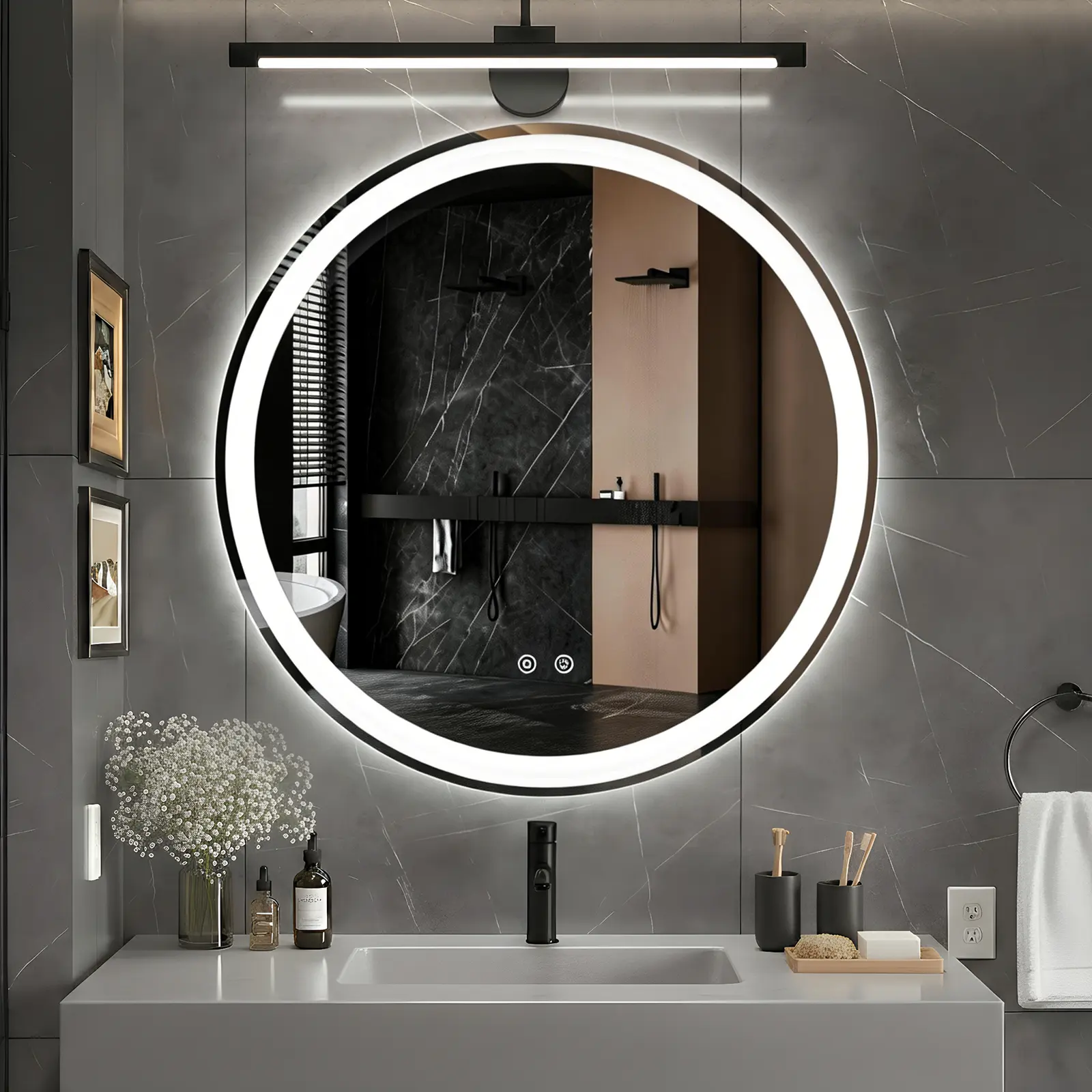 thumbnail image 2 of 24x24 Inch Round Bathroom Mirror With Lights - Anti-Fog & Dimmable Backlit 2 of 5