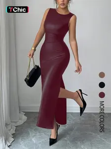 Women's Elegant Chic Fashion Solid Color Round Neck Back Tie Sleeveless Leather Dress, Stylish Casual Wear for All Occasions