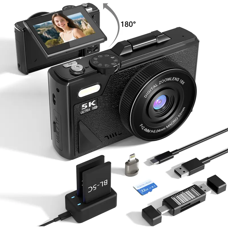 Portable Retro Digital Point & Shoot Camera - 3.0inch Flip Screen, 32GB Micro SD Card, 2 Batteries, 3.7V, 3 In-1 Functionality, Charging Supported, for Content Creators, Travel-Light Digital Cameras (Techvibes)