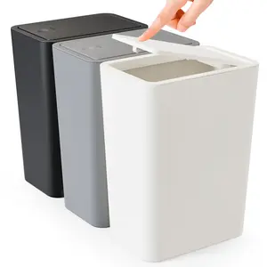 3-Pack Small Trash Can with Lid, 10L Plastic Waste Bin, 2.6 Gallon Slim Garbage Bin with Pop-Up Lid for Bathroom, Bedroom, Office, Kitchen, Craft Room – White, Black, Gray