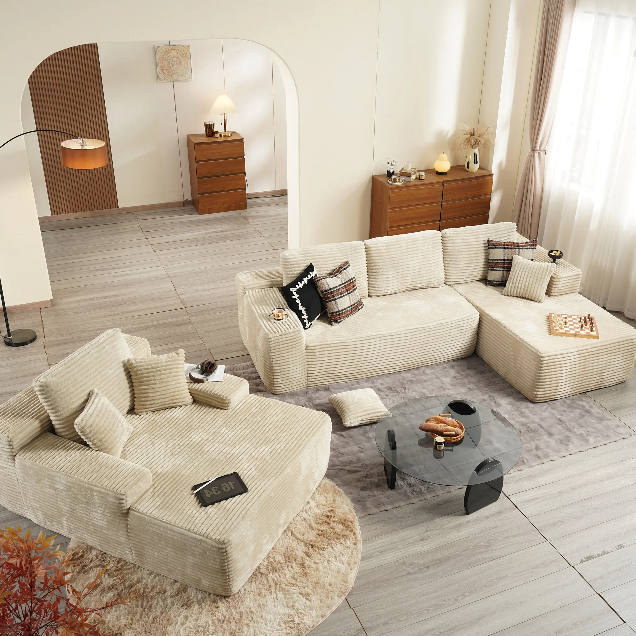 Beige Plush Corduroy Right Chaise with Chaise Sofa