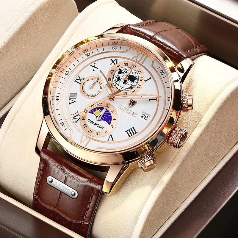 LIGE Men's Vintage PU Leather Alloy Quartz Watch - 43mm Elegant Round Dial, Roman Numerals, Moon Phase, Luminous Night Read Hands, Running Seconds, <30M Waterproof, Easy-to-Use Fashion Men's Watch, Analog